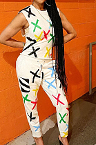 White Cute Print Sleeveless Round Neck Blouse Long Pants Casuat Sets ZNN9099-1