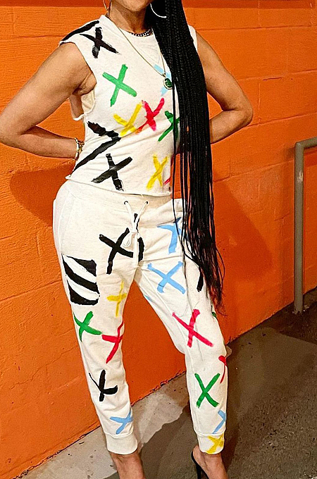 White Cute Print Sleeveless Round Neck Blouse Long Pants Casuat Sets ZNN9099-1