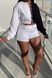 Neon Green Spliced Eyelet Bandage Long Sleeve O Collar Blouse Shorts Two-Piece BBN188-3