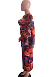 Colorful Printing Hollow Out Long Sleeve Bodycon Sexy Long Dress OMM60059