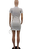 Yellow Women Round Neck Short Sleeve Solid Color Fashion Bandage Tight Mini Dress GB1003-2