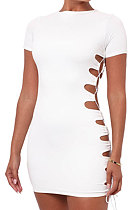 White Women Round Neck Short Sleeve Solid Color Fashion Bandage Tight Mini Dress GB1003-1