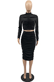 Red Elastic Ruffle Long Sleeve Half High Neck Blouse High Waist Long Skirts Pure Color Two-Piece YYF8235-3