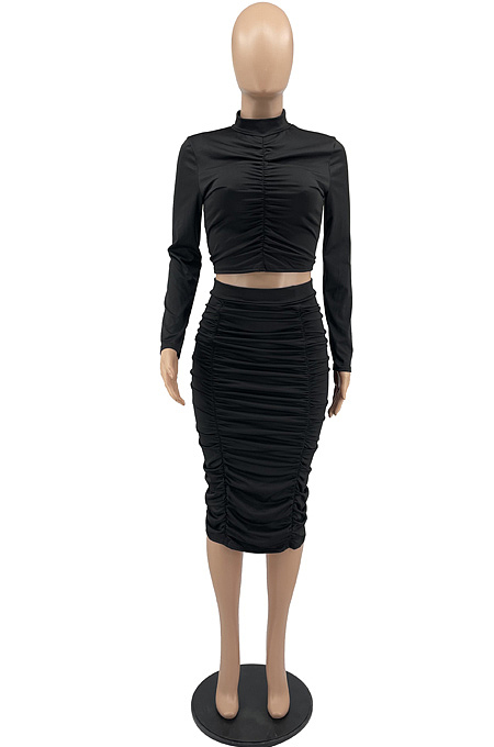Red Elastic Ruffle Long Sleeve Half High Neck Blouse High Waist Long Skirts Pure Color Two-Piece YYF8235-3
