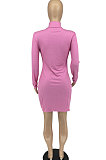 Pink Women Solid Color High Neck Casual Long Sleeve Lower Hem Split Mini Dress AFM60027-1