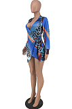 Yellow Brown Cute Women Leopard Print Long Sleeve V Neck Bandage Mini Dress ZNN9094-2