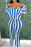 Black Stripe Print Flounce A Word Shoulder Casual Wide Leg Jumpsuits ZNN9102-2