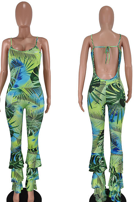 Green Sexy Condole Belt Backless Fashion Printing Bodycon Jumpsuits BYQ1003