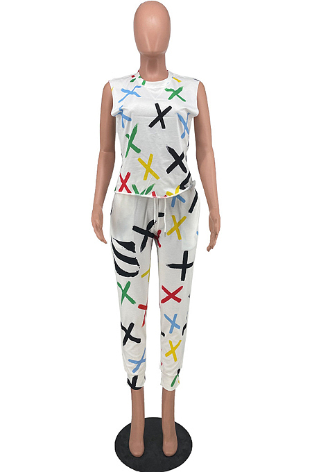 Black Cute Print Sleeveless Round Neck Blouse Long Pants Casuat Sets ZNN9099-2