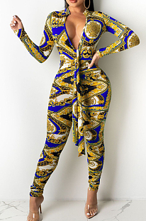 Blue Cotton Bledn Digital Printing Long Sleeve Deep V Collar Bodycon Jumpsuits SMR10285-2