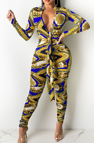 Blue Cotton Bledn Digital Printing Long Sleeve Deep V Collar Bodycon Jumpsuits SMR10285-2