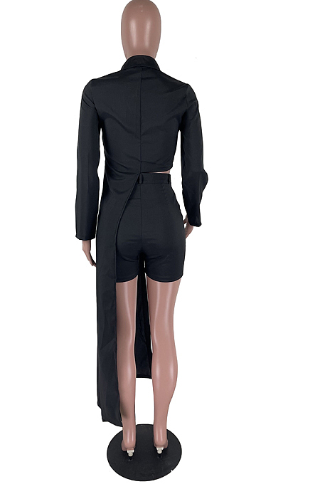White Cotton Blend Irregularity Long Sleeve Laper Collar Shirt Shorts Solid Color Casual Sets TZ1205-1