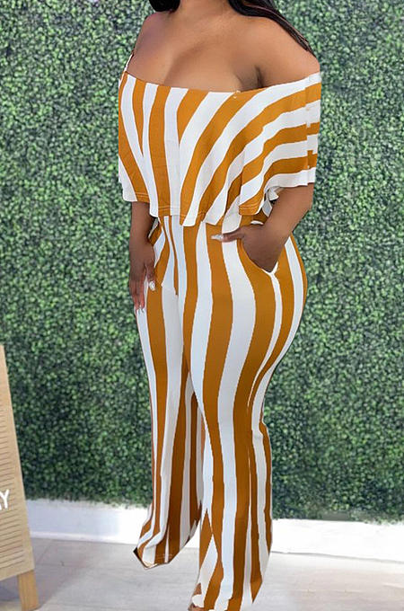 Orange Stripe Print Flounce A Word Shoulder Casual Wide Leg Jumpsuits ZNN9102-4
