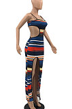 Green Women Sexy Condole Belt Hole Hollow Out Split Multicolor Printing Long Dress AYQ05015-2