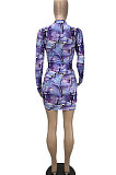 Pink Women Printing Pattern Shirred Detail Tight Long Sleeve Mini Dress KXL851-2
