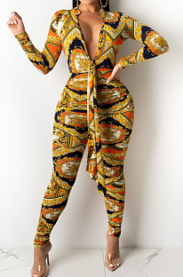 Orange Cotton Bledn Digital Printing Long Sleeve Deep V Collar Bodycon Jumpsuits SMR10285-4