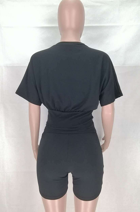 Black Cotton Blend Round Neck Short Sleeve Collcet Waist Blouse Shorts Two-Piece CL6056-5