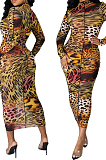 Coffee Sexy High Elastic Mesh Printing Long Sleeve Round Neck Boycon Dress SMR10236-3