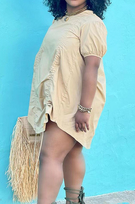 Apricot Casual Round Neck Short Sleeve Drawstring Loose Mini Dress D8453