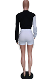 Neon Green Spliced Eyelet Bandage Long Sleeve O Collar Blouse Shorts Two-Piece BBN188-3
