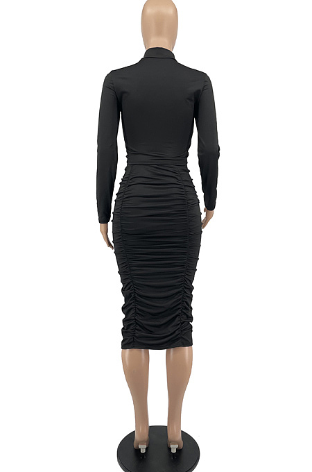 White Elastic Ruffle Long Sleeve Half High Neck Blouse High Waist Long Skirts Pure Color Two-Piece YYF8235-1