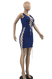 Black Women Sexy Hollow Out Bandage Sleeveless Invisibility Zipper Imitation Jeans Mini Dress AYQ05017-2