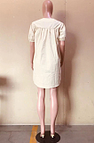 Apricot Casual Round Neck Short Sleeve Drawstring Loose Mini Dress D8453