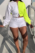 Neon Green Spliced Eyelet Bandage Long Sleeve O Collar Blouse Shorts Two-Piece BBN188-3