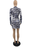 Grey Night Club Stripe Printing Long Sleeve O Collar Hip Slim Fitting Mini Dress SYY8069