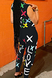White Cute Print Sleeveless Round Neck Blouse Long Pants Casuat Sets ZNN9099-1