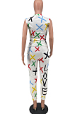 White Cute Print Sleeveless Round Neck Blouse Long Pants Casuat Sets ZNN9099-1