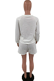 Beige Autumn Long Sleeve Round Collar Blouse Shorts Solid Color Sports Sets TD80061-1