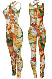 Yellow Women Fashion Vintage Printing Condole Belt Cross Hollow Out Bodycon Jumpsuits BYQ1005