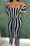 Red Stripe Print Flounce A Word Shoulder Casual Wide Leg Jumpsuits ZNN9102-1