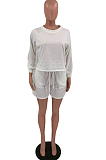White Autumn Long Sleeve Round Collar Blouse Shorts Solid Color Sports Sets TD80061-2