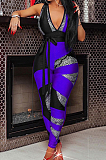 Royal Blue Digital Printing Spliced Halter Neck Deep V Collar Sleeveless Bowknot Sexy Bodycon Jumpsuits SZS8025-3