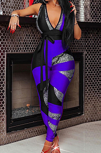 Royal Blue Digital Printing Spliced Halter Neck Deep V Collar Sleeveless Bowknot Sexy Bodycon Jumpsuits SZS8025-3