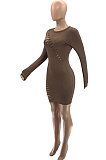 Red Sexy Hollow Out Long Sleeve Round Neck Hip Solid Color Mini Dredd SZS8010-2
