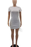 Yellow Women Round Neck Short Sleeve Solid Color Fashion Bandage Tight Mini Dress GB1003-2