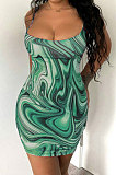 Blue Trendy Casual Sexy Backless Condole Belt Printing Mini Dress GB1001-3