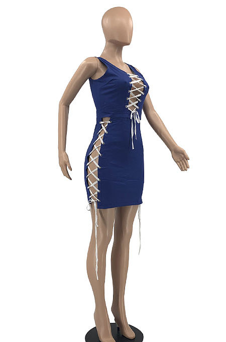 Blue Women Sexy Hollow Out Bandage Sleeveless Invisibility Zipper Imitation Jeans Mini Dress AYQ05017-1