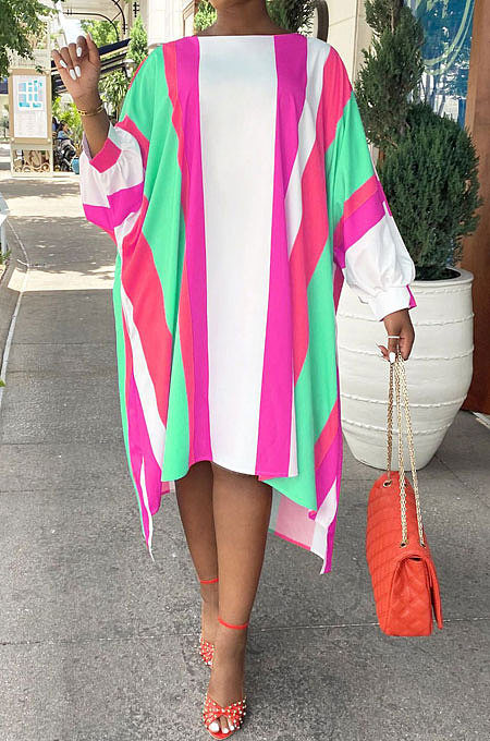 Pink Red Euramerican Women Positioning Strap Printing Long Sleeve Loose Midi Dress AYQ05014-2