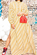 Yellow Stripe Print Long Sleeve O Collar Single-Breasted Shirt Slit Long Dress ZNN9103-1