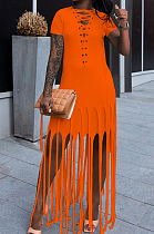 Orange Cotton Blend Eyelet Drawstring Short Sleeve Tassel Solid Colur T Shirt Dress SZS8057-3
