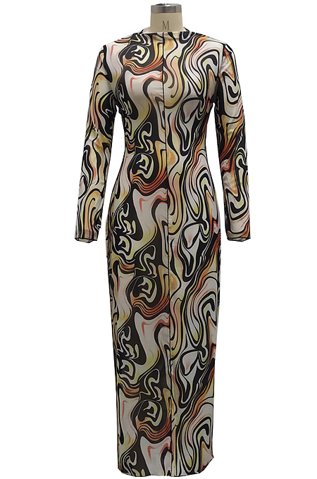 Pine Sexy High Elastic Mesh Printing Long Sleeve Round Neck Boycon Dress SMR10236-1