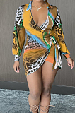 Blue Cute Women Leopard Print Long Sleeve V Neck Bandage Mini Dress ZNN9094-1