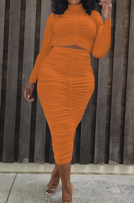 Black Elastic Ruffle Long Sleeve Half High Neck Blouse High Waist Long Skirts Pure Color Two-Piece YYF8235-2
