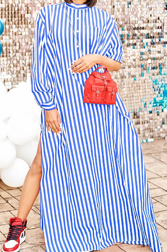 Yellow Stripe Print Long Sleeve O Collar Single-Breasted Shirt Slit Long Dress ZNN9103-1