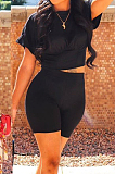 Gary Cotton Blend Round Neck Short Sleeve Collcet Waist Blouse Shorts Two-Piece CL6056-1