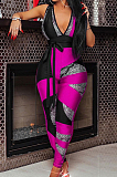 Red Digital Printing Spliced Halter Neck Deep V Collar Sleeveless Bowknot Sexy Bodycon Jumpsuits SZS8025-1